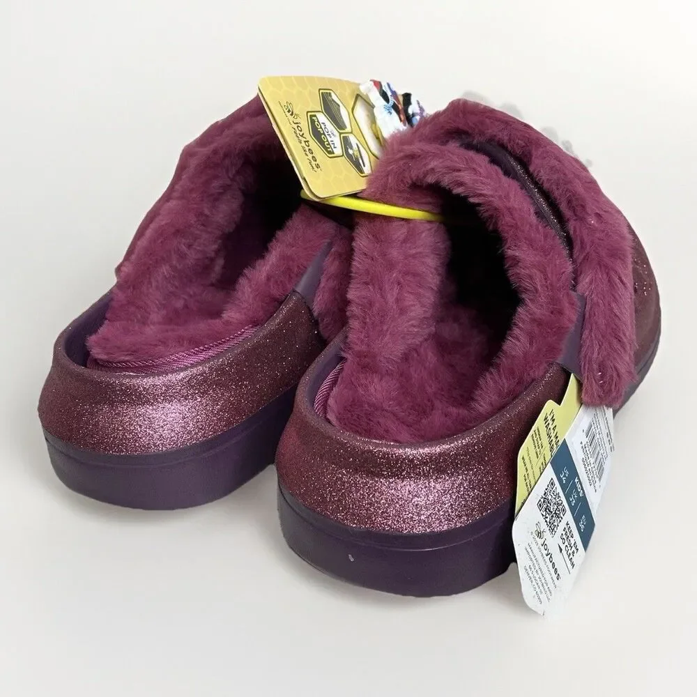 Joybees Varsity Glitter Clog Kids Size J4 Faux Fur Lined Mulberry Popinz Snowman